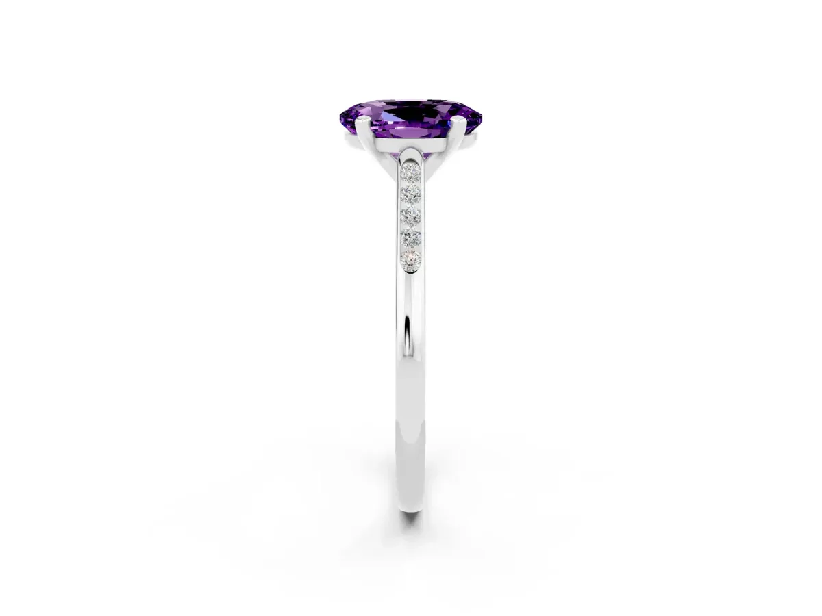 Oval Cut Amethyst Solitaire Ring with Channel Set Round Band and Prong Setting Silver