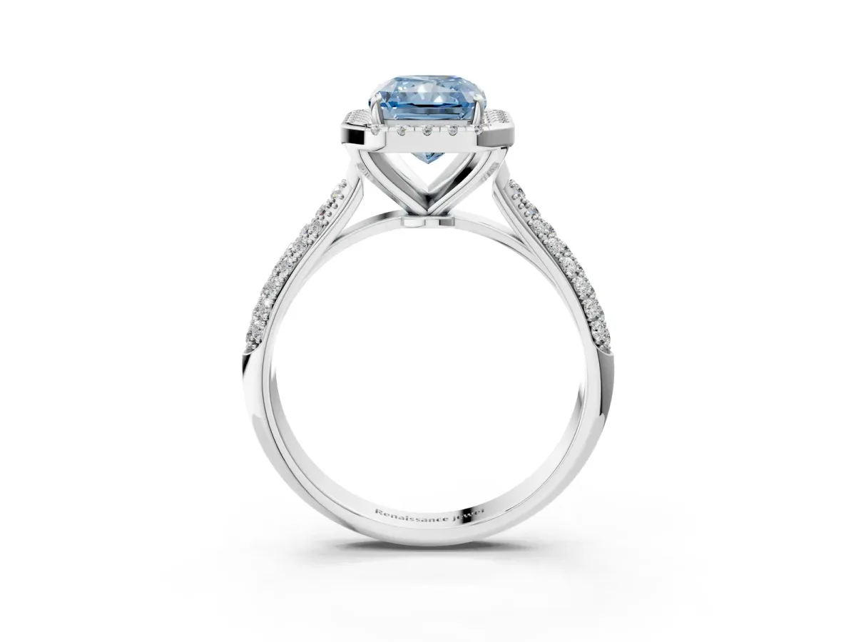 Fancy Blue Radiant Cut Halo Diamond Ring with Pavé Band Platinum