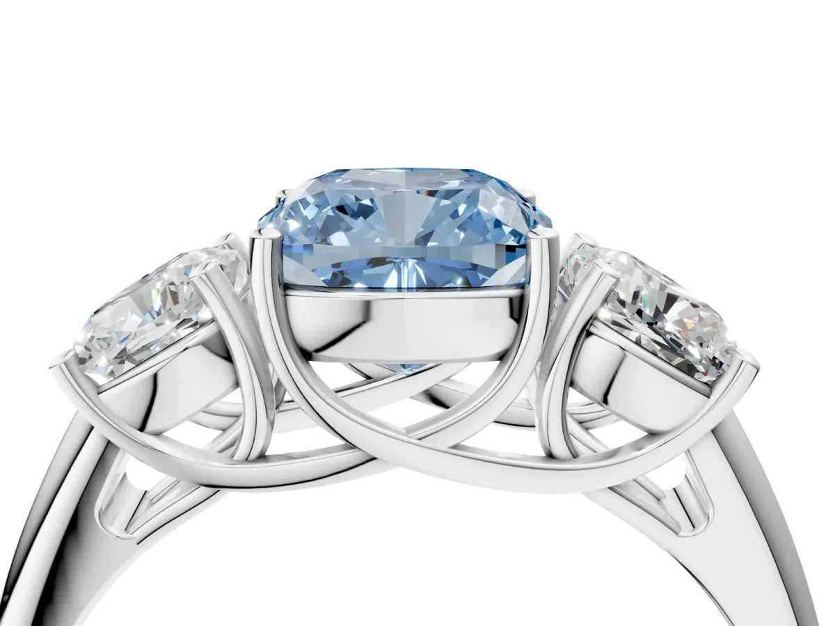 Fancy Blue Three-Stone Cushion Cut Diamond Engagement Ring with Prong Setting White gold