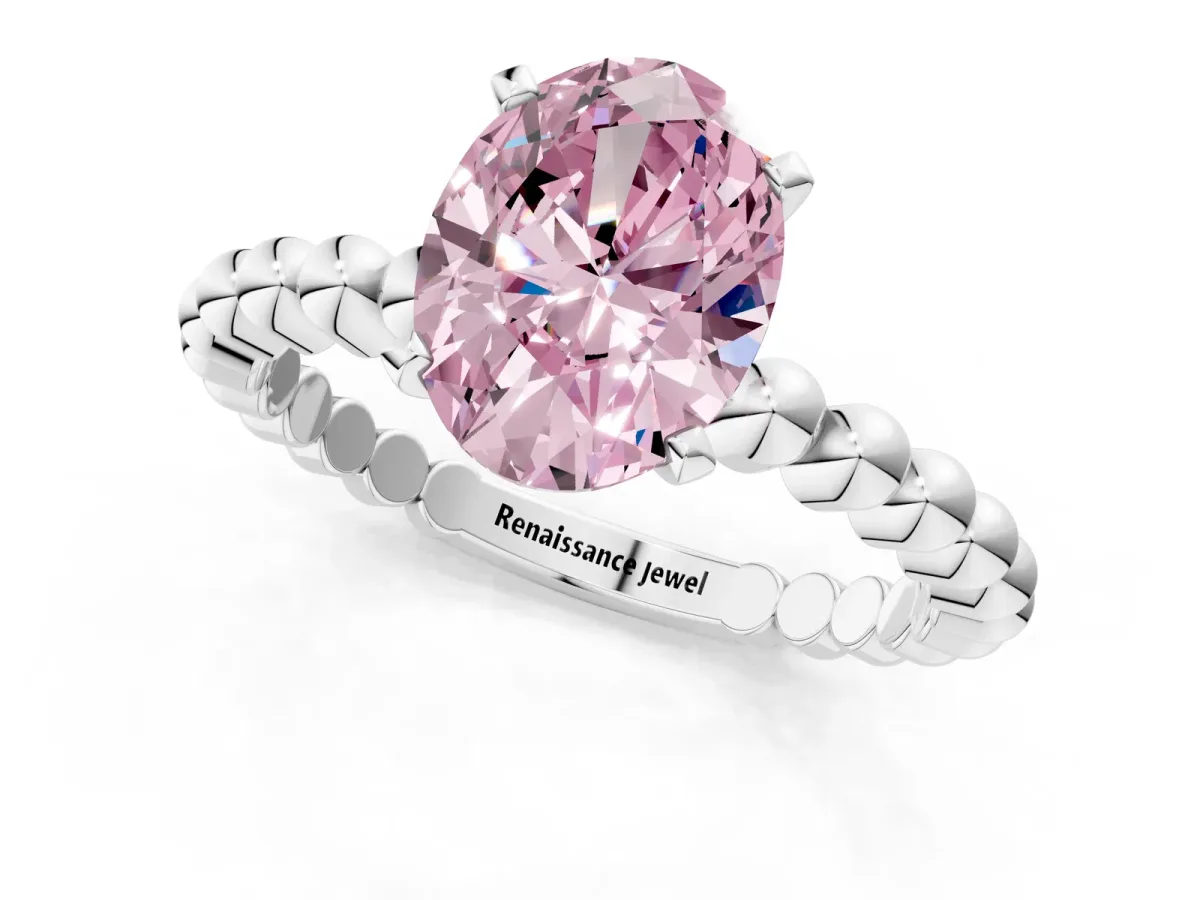 Fancy Pink Oval Cut Diamond Solitaire Ring with Beaded Band and Prong Setting Platinum