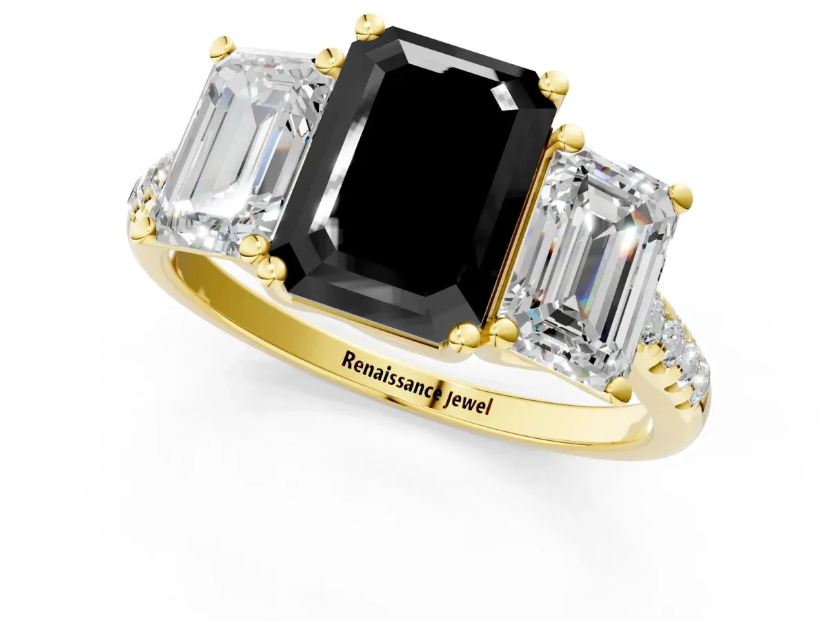 Fancy Black Three-Stone Emerald Cut Diamond Ring with Round Pavé Band and Prong Setting Yellow gold