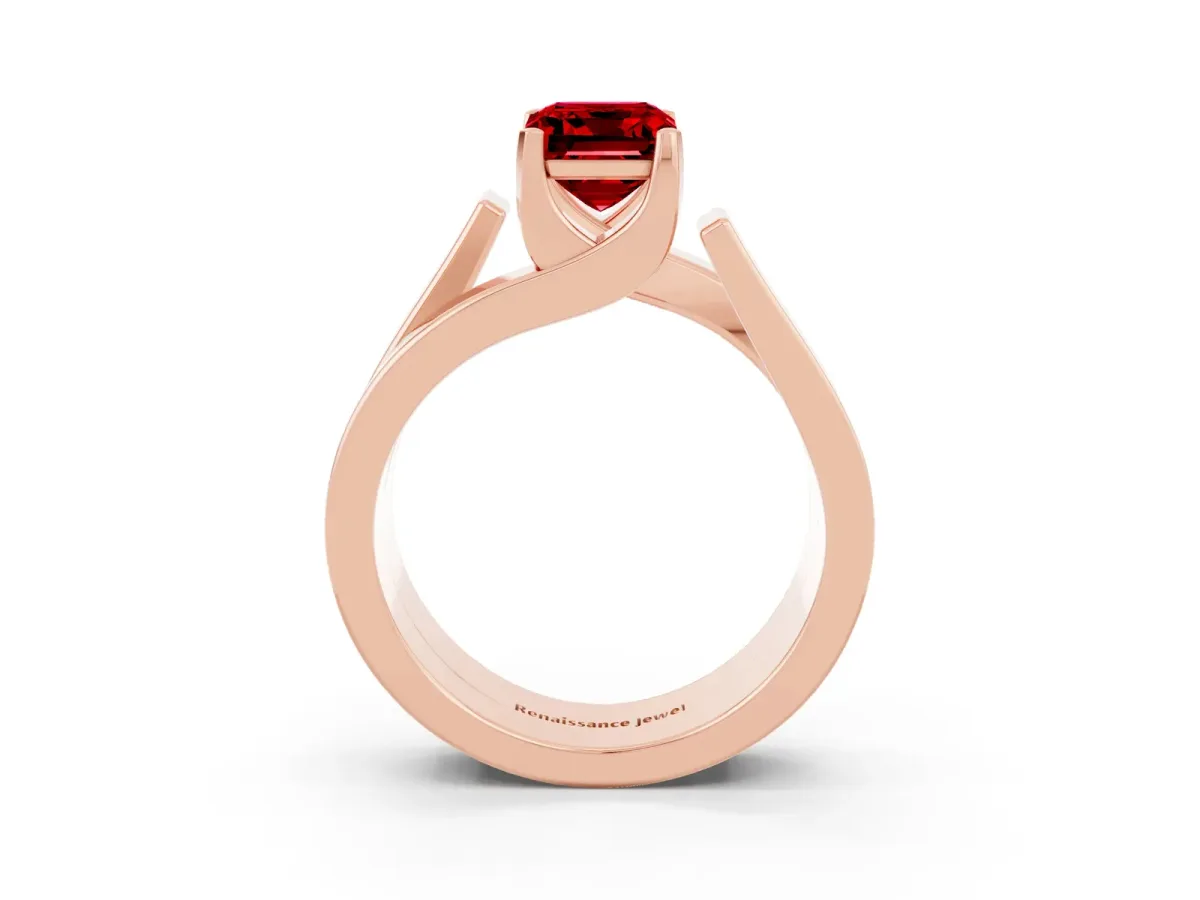 Modern Tension Set Emerald Cut Ruby Solitaire Wide Band Ring Rose gold