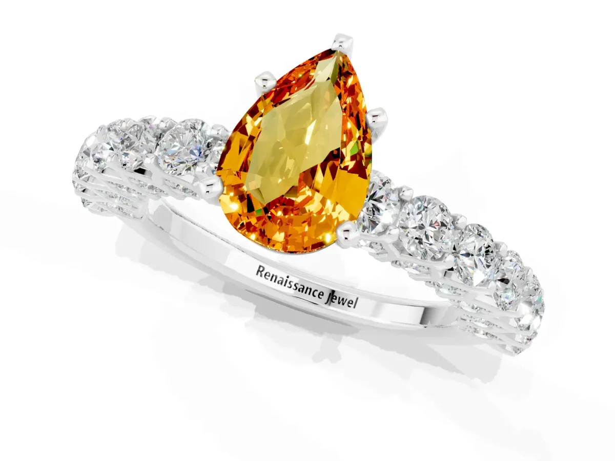 Pear Cut Citrine Solitaire Ring with Shared Prong Pavé Band and Four-Prong Setting Silver