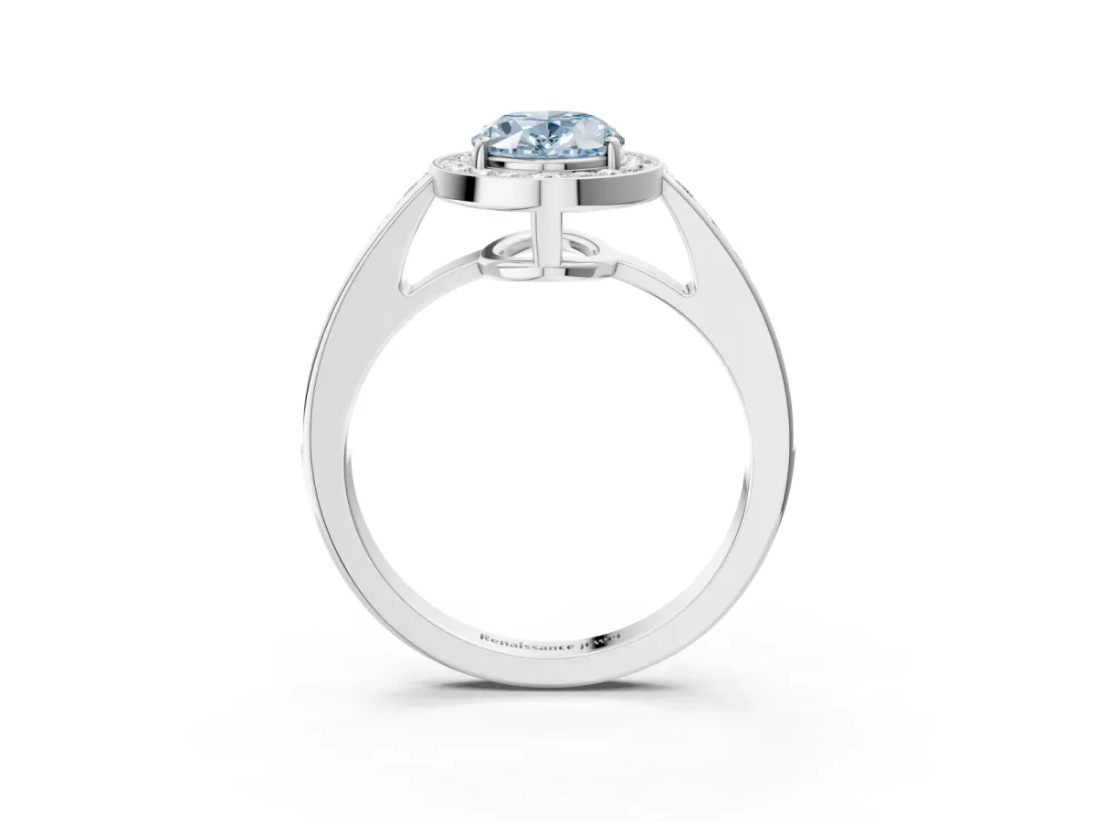 Fancy Blue Oval Cut Halo Pavé Diamond Engagement Ring with Bezel Setting Silver