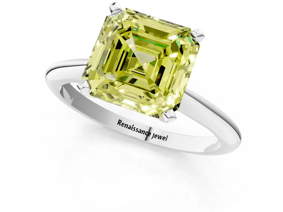 Fancy Yellow Asscher Cut Diamond Solitaire Engagement Ring with Classic Band and Four-Prong Setting Silver