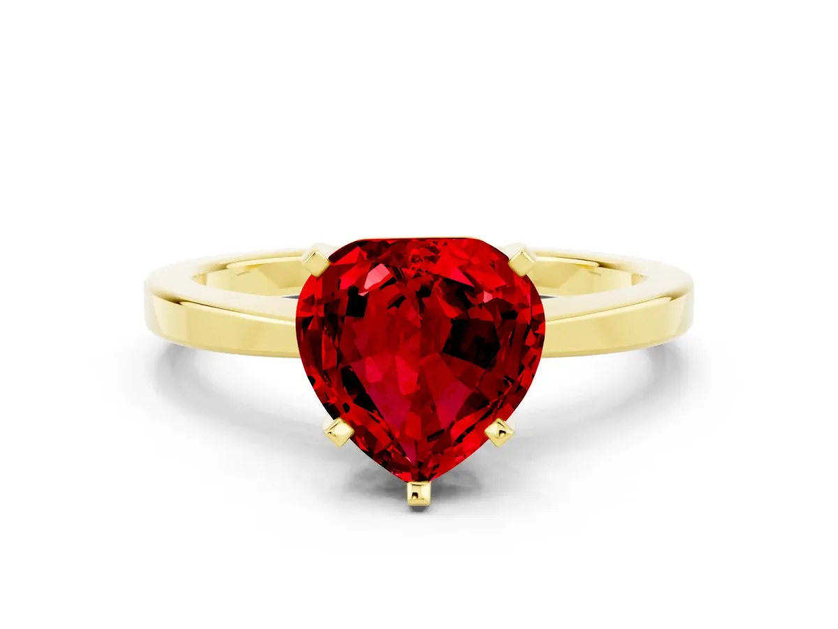 Heart Cut Ruby Solitaire Engagement Ring with Classic Band and Four-Prong Setting Yellow gold