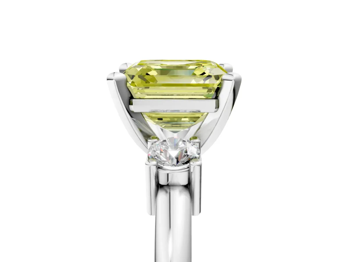 Fancy Yellow Three-Stone Asscher Cut Cut Diamond Solitaire with Prong Setting and Classic Band Platinum