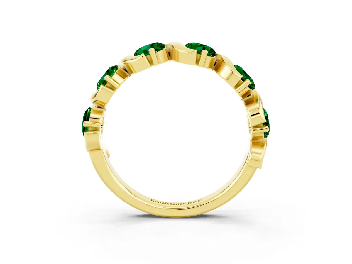 Round Emerald Half Eternity Band with Wave Prong Setting Yellow gold