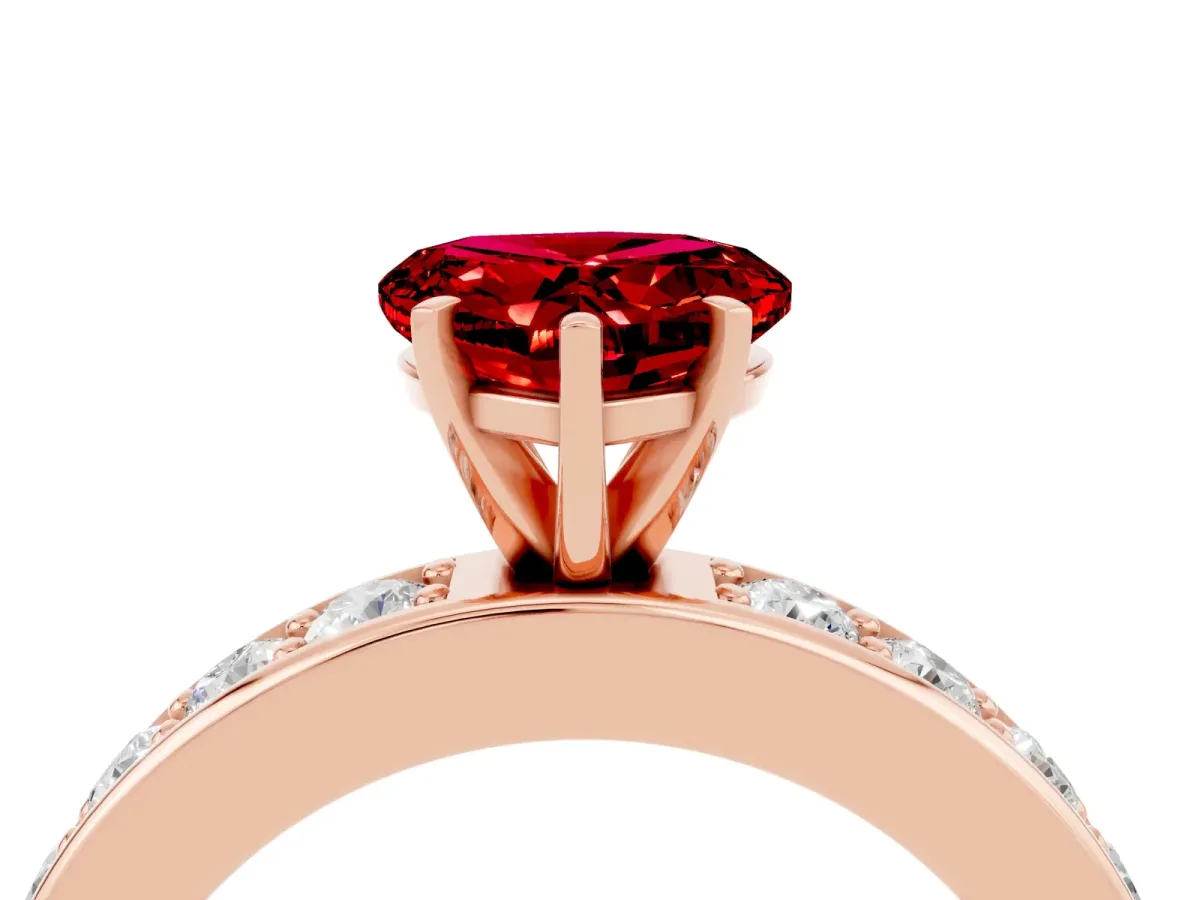 Heart Cut Ruby Engagement Ring with Channel Set Round Band and Prong Setting Rose gold