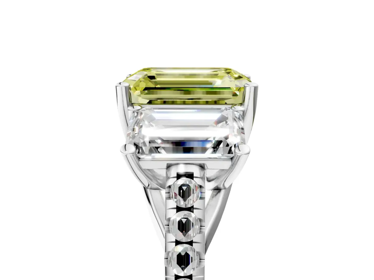 Fancy Yellow Three-Stone Emerald Cut Diamond Ring with Round Pavé Band and Prong Setting Silver