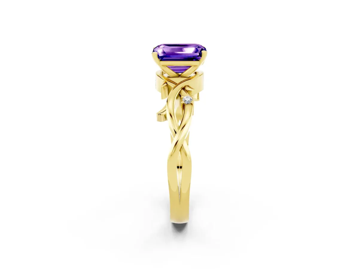 Emerald Cut Tanzanite Solitaire Ring with Twisted Band and Prong Setting Yellow gold