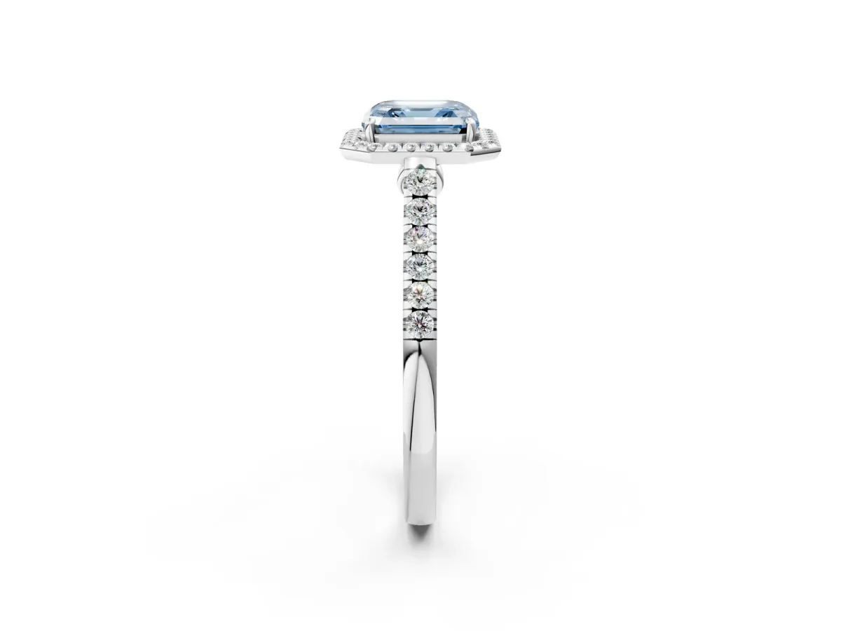 Fancy Blue Asscher Cut Halo Pave Diamond Engagement Ring with Four-Prong Setting Platinum