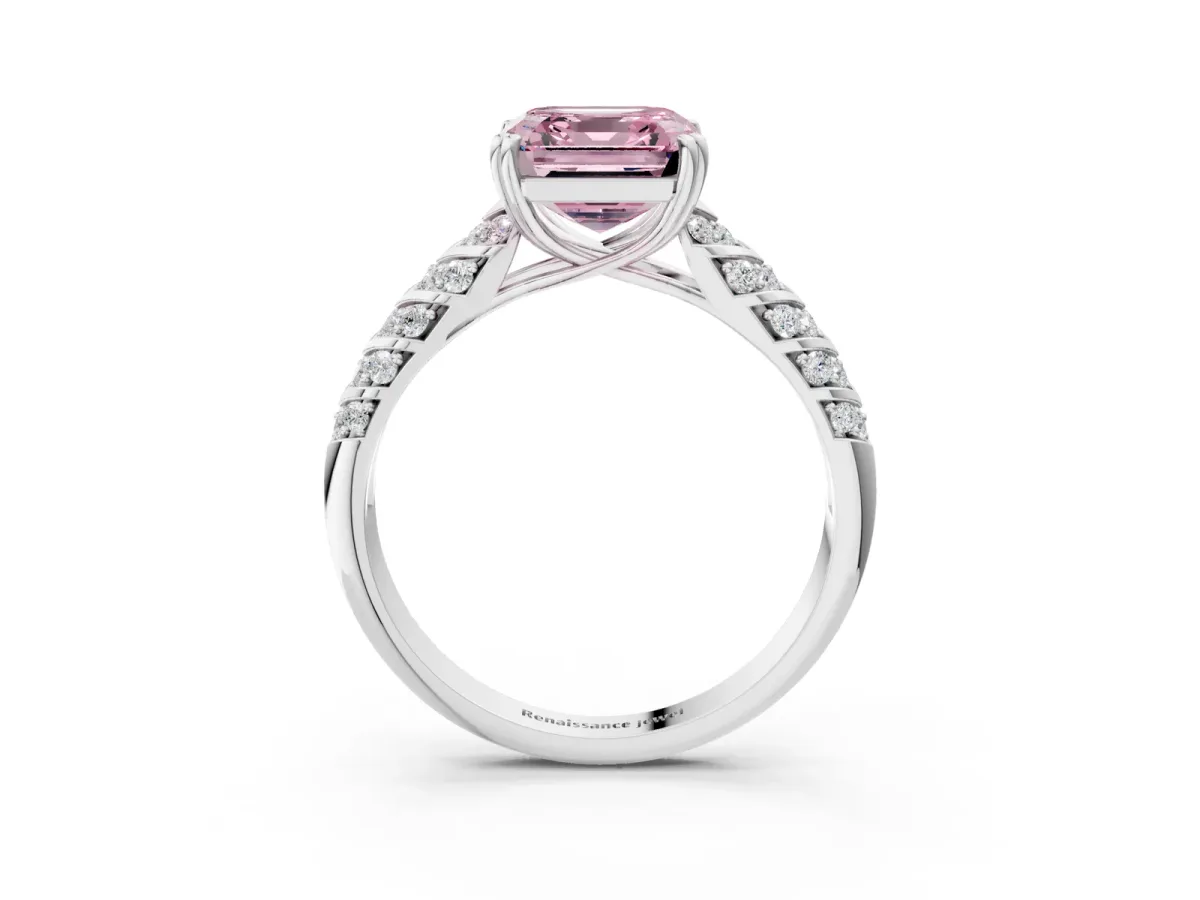 Fancy Pink Asscher Cut Solitaire Chevron Pave Diamond Engagement Ring with Six-Prong Setting Platinum