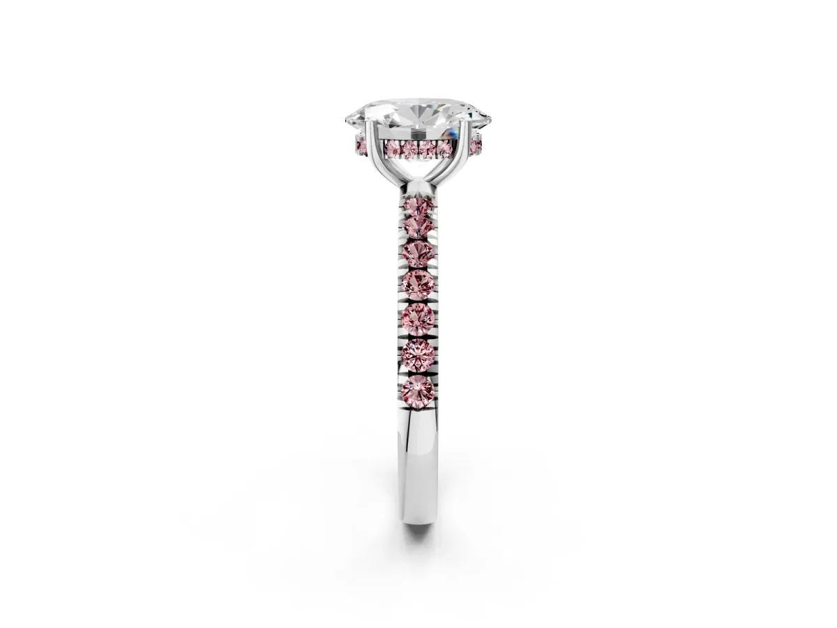 Oval Cut Diamond Pave Band Solitaire Ring with Round Morganite and Prong Setting Platinum