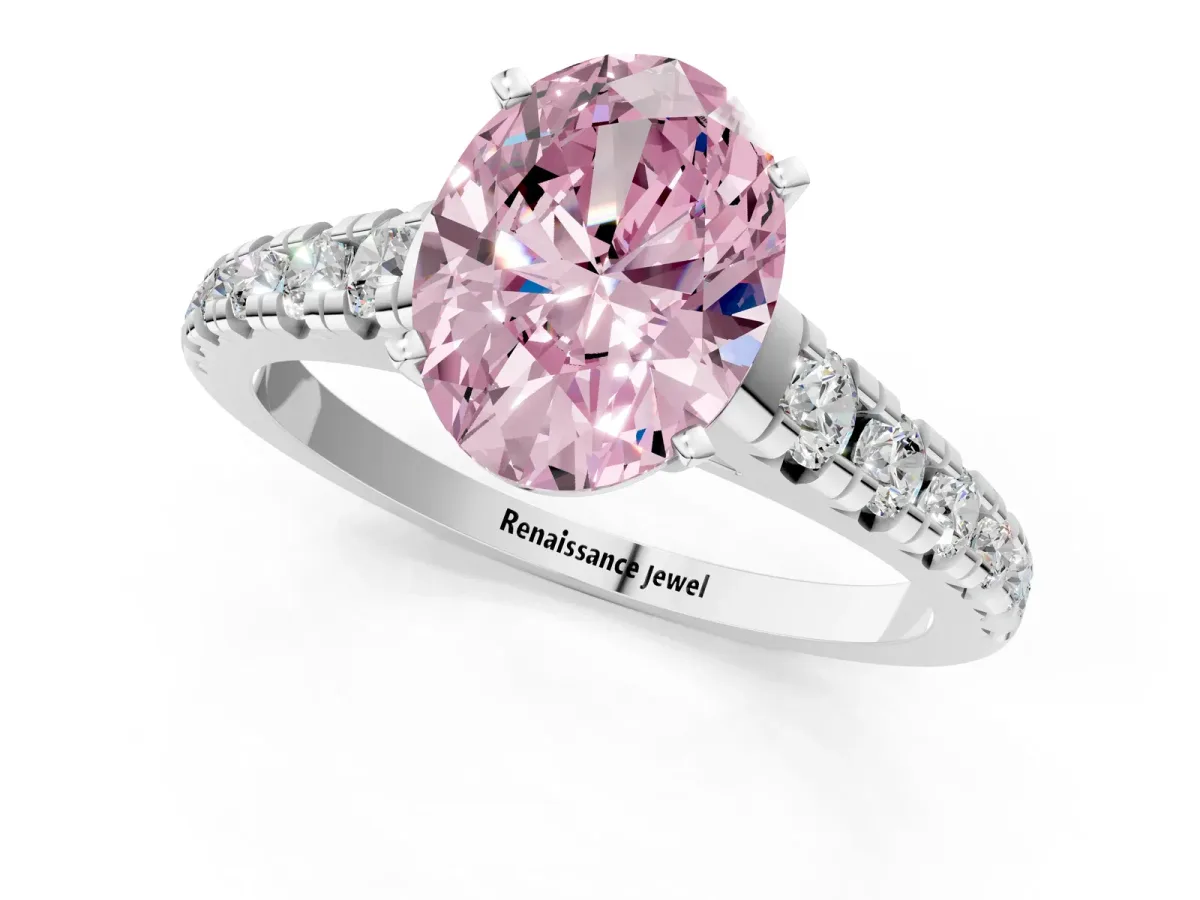 Fancy Pink Oval Cut Diamond Cathedral Solitaire Ring with Round Pavé Band Silver
