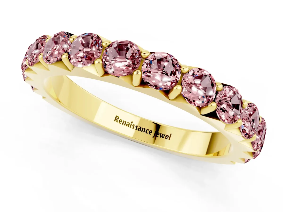 Round Morganite Half Eternity Band with Classic Prong Setting Yellow gold