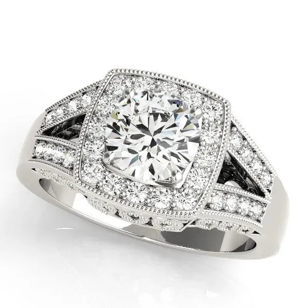 Round Cut Halo Split Shank Diamond Ring with Milgrain Prong Setting Platinum