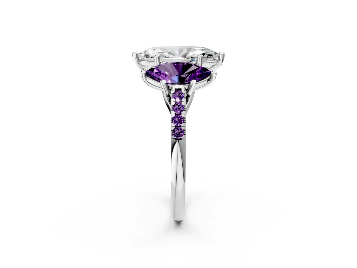 Three-Stone Marquise Cut Diamond Ring with Round Amethyst Pavé Band and Prong Setting Platinum