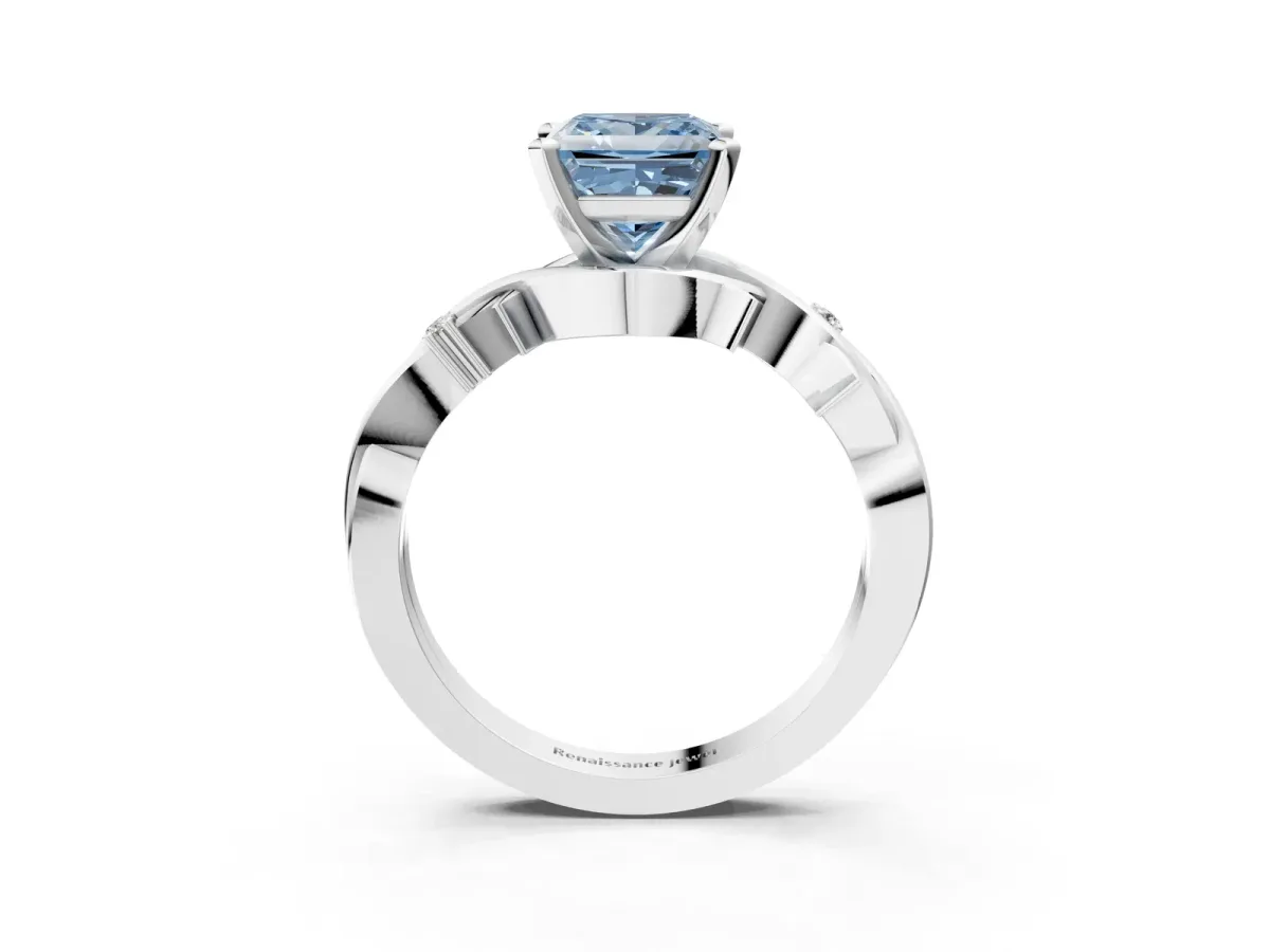 Fancy Blue Princess Cut Diamond Solitaire Ring with Twisted Band and Prong Setting Silver
