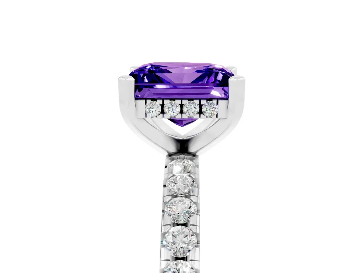 Princess Cut Tanzanite Solitaire Ring with Round Pavé Band and Four-Prong Setting Silver