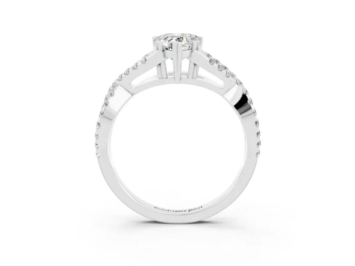 Pear Cut Moissanite Solitaire Ring with Four-Prong Setting and Twisted Pavé Band Platinum