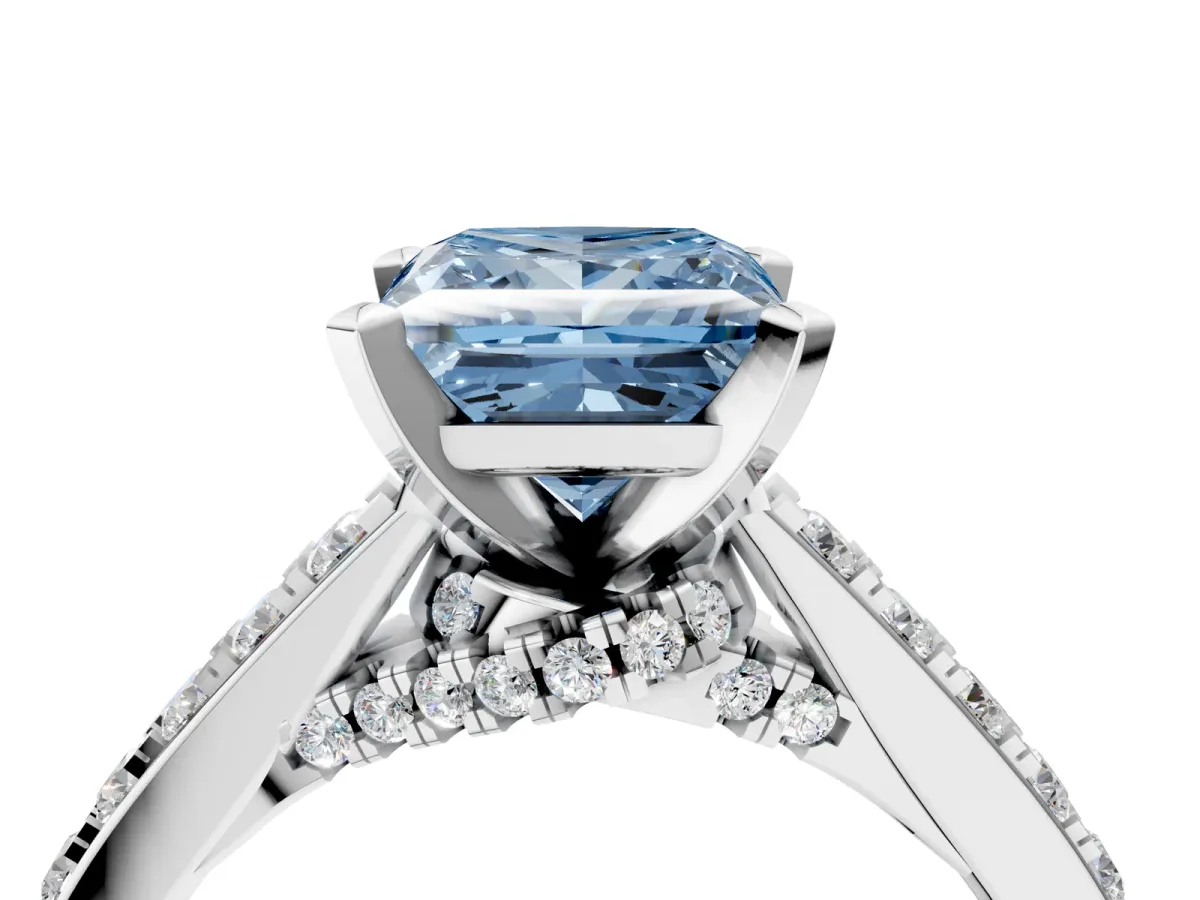 Fancy Blue Princess Cut Diamond Solitaire Ring with Crossover Gallery and Round Pavé Band Silver