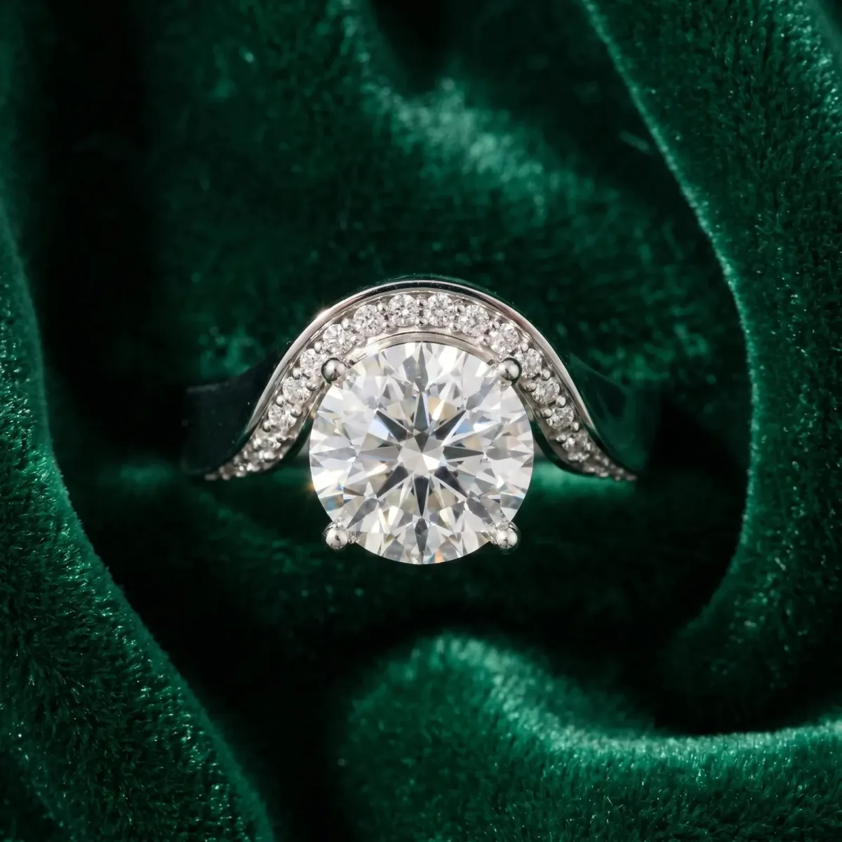 Round Cut Solitaire Diamond Engagement Ring with Pave Band and Four-Prong Setting Platinum