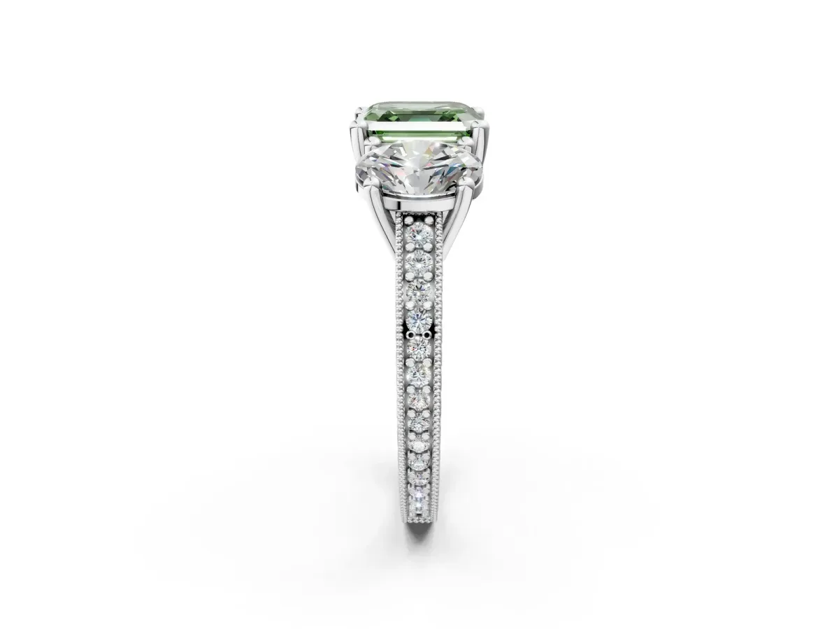Fancy Green Three-Stone Asscher Cut Diamond Milgrain Pave Band with Prong Setting Platinum