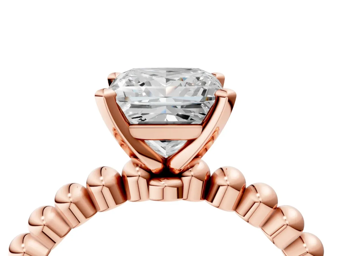 Princess Cut Diamond Solitaire Ring with Beaded Band and Prong Setting Rose gold