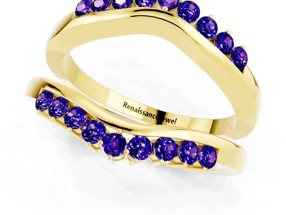 Round Tanzanite Chevron Contour Band with Prong Setting Yellow gold