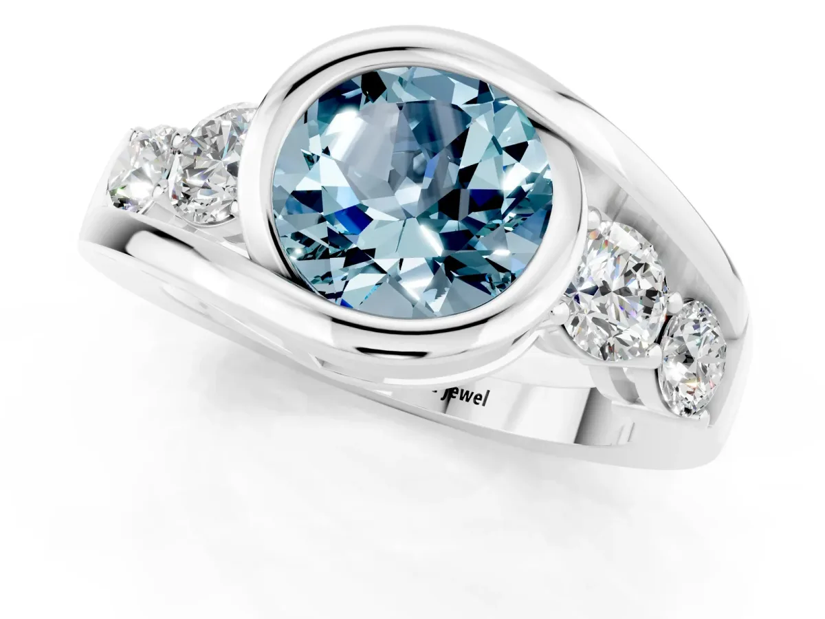 Bezel Set Round Cut Aquamarine Bypass Ring with Round Accents Platinum