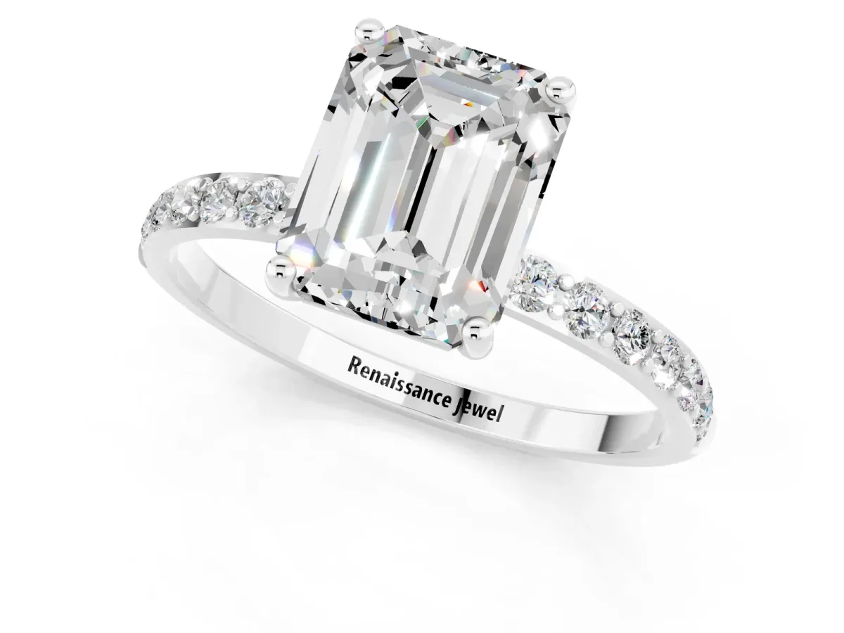 Emerald Cut Moissanite Solitaire Ring with Round Pavé Band and Prong Setting Platinum