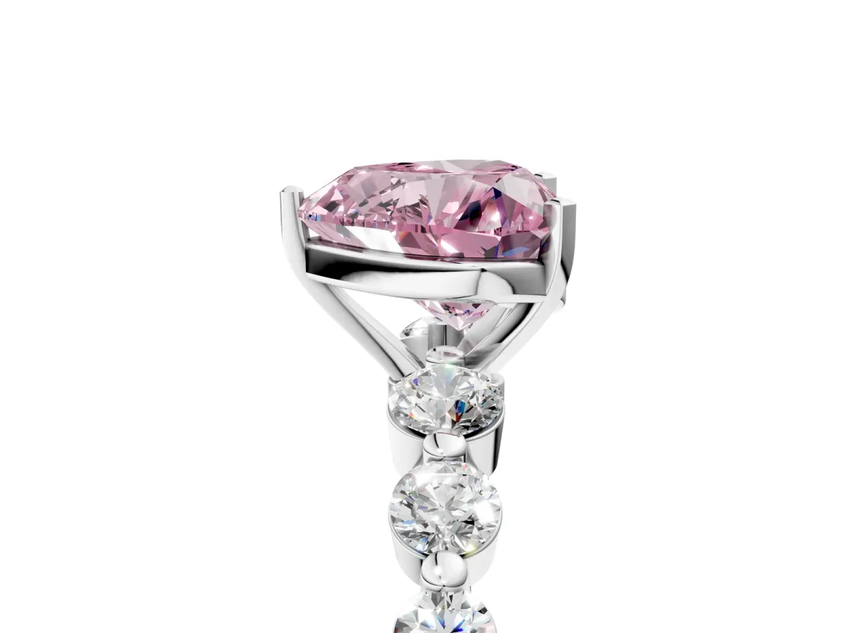 Fancy Pink Heart Cut Solitaire Diamond Ring with Pave Band and Four-Prong Setting Silver