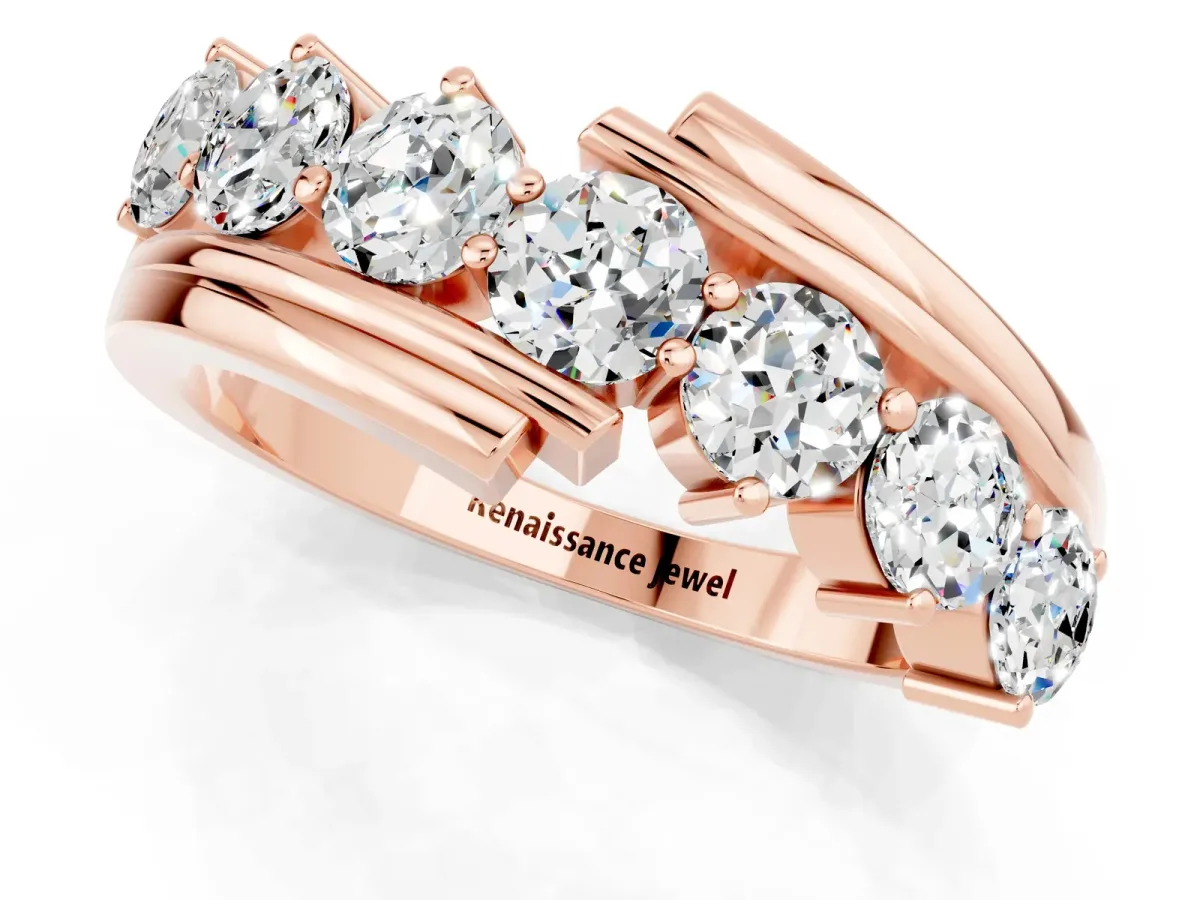 Round Moissanite Wave Band with Channel and Shared Prong Setting Rose gold