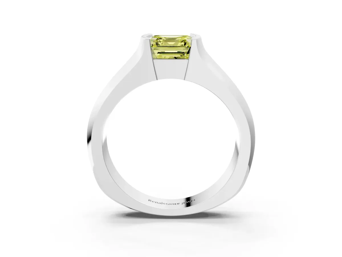 Fancy Yellow Asscher Cut Solitaire Bezel Set Diamond Ring with Wide Band Platinum