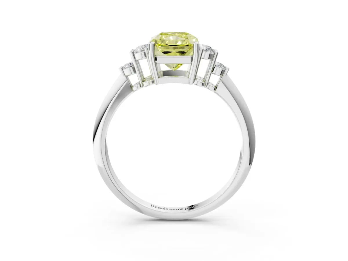 Fancy Yellow Radiant Cut Cut Diamond Cluster Ring with Solitaire Band and Four-Prong Setting Platinum