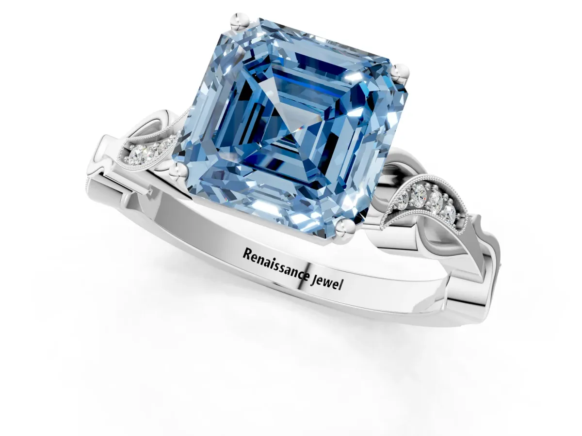 Fancy Blue Asscher Cut Solitaire Vine Band with Milgrain Prong Setting Platinum