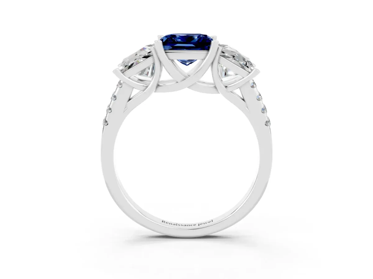 Three-Stone Princess Cut Blue Sapphire Ring with Round Pavé Band and Prong Setting Silver