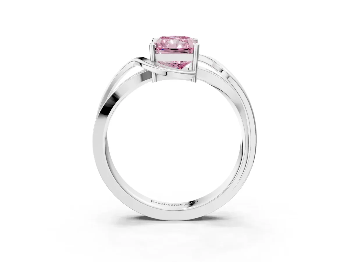 Fancy Pink Radiant Cut Solitaire Twisted Band with Prong Setting Platinum