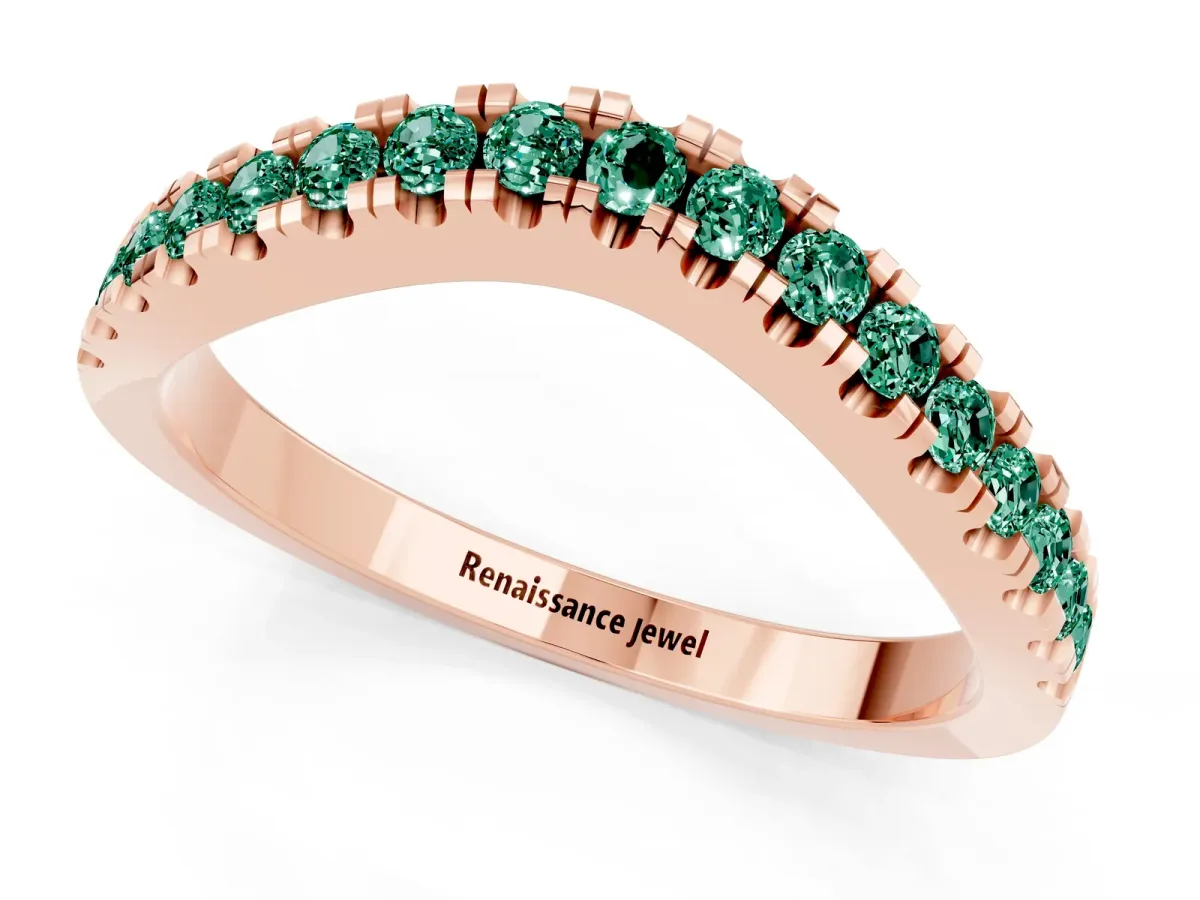 Round Green Sapphire Pavé Curved Band with Shared Prong Setting Rose gold