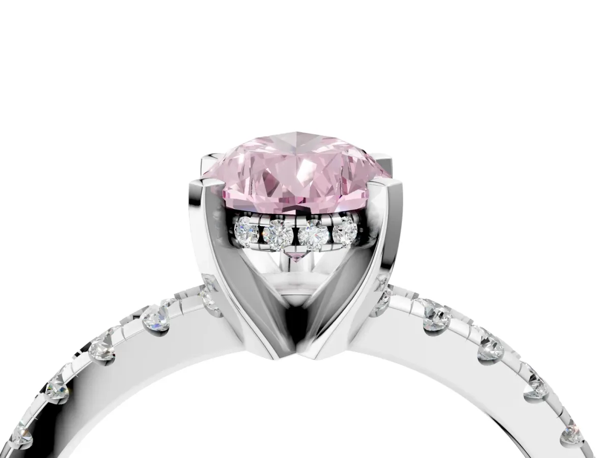 Fancy Pink Pear Cut Diamond Solitaire Ring with Round Pavé Band and Four-Prong Setting Silver