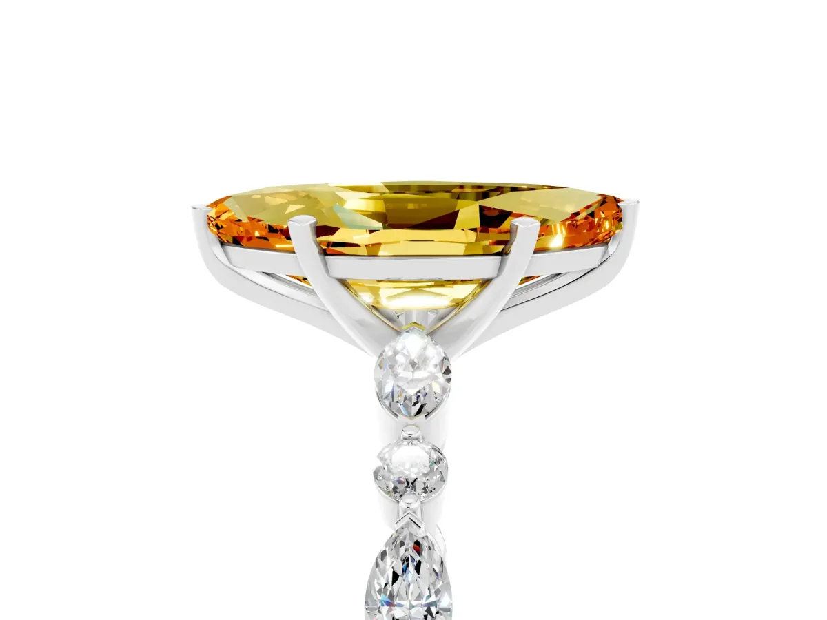 Marquise Cut Citrine Ring with Marquise and Round Side Stones and Four-Prong Setting Silver
