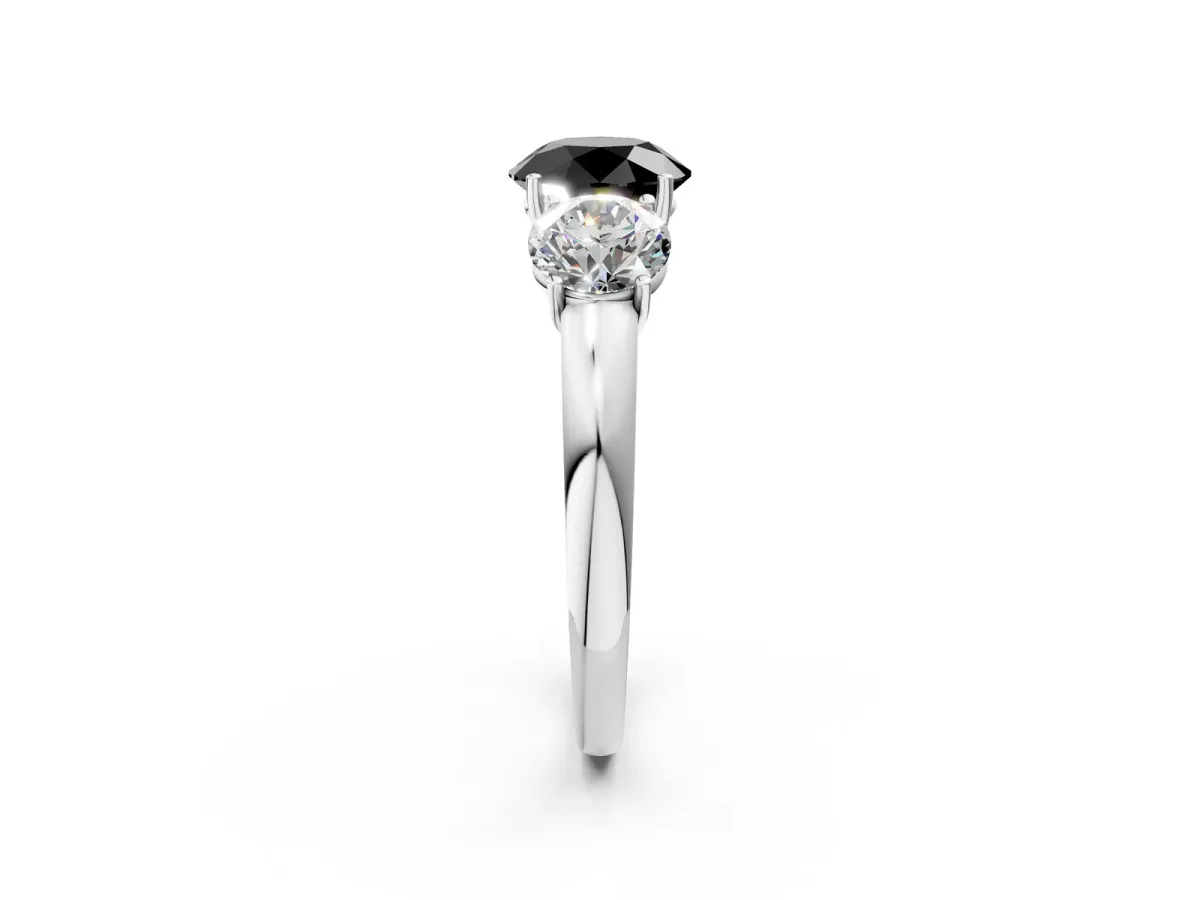 Fancy Black Round Cut Diamond Three-Stone Ring with Four-Prong Setting and Classic Band Platinum