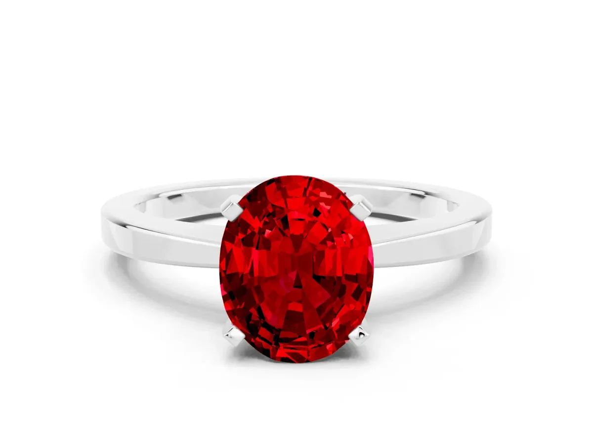 Oval Cut Ruby Solitaire Engagement Ring with Classic Band and Four-Prong Setting White gold