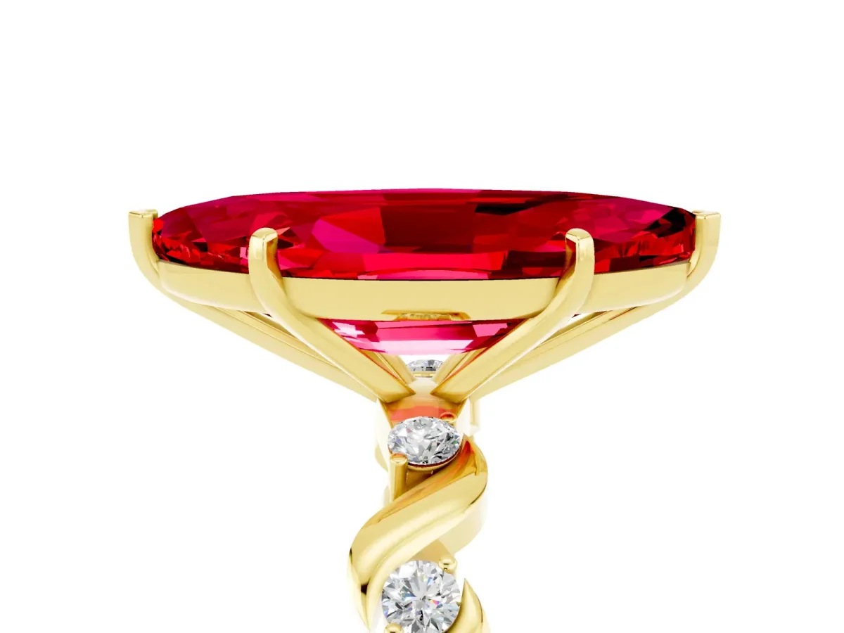 Marquise Cut Ruby Solitaire Twisted Band with Round Accents and Prong Setting Yellow gold