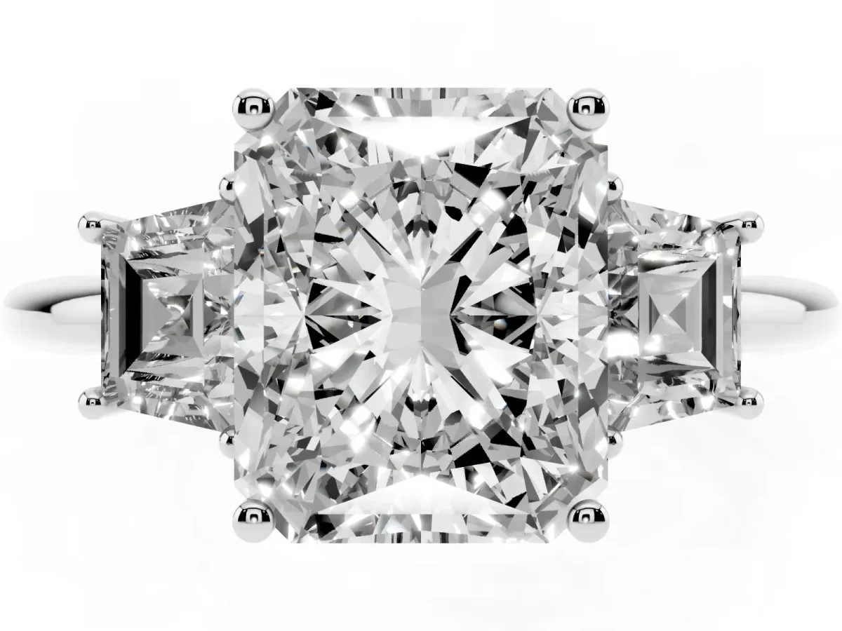 Radiant Cut Diamond Three-Stone Ring with Trapezoid Side Stones and Prong Setting Platinum