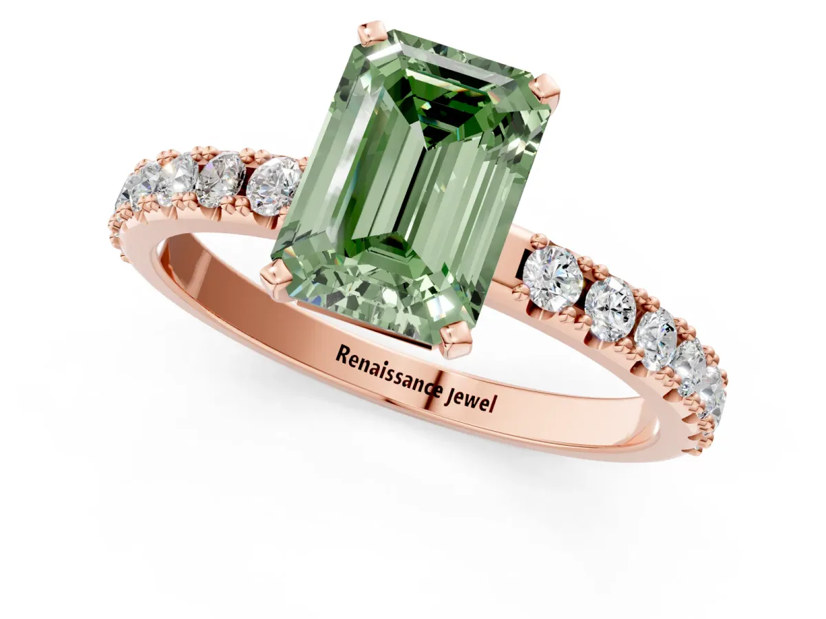 Fancy Green Emerald Cut Diamond Solitaire Pavé Band with Four-Prong Setting Rose gold