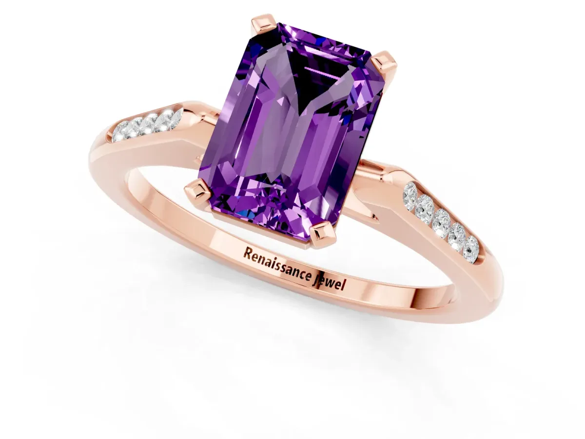 Emerald Cut Amethyst Solitaire Ring with Channel Set Round Band and Prong Setting Rose gold