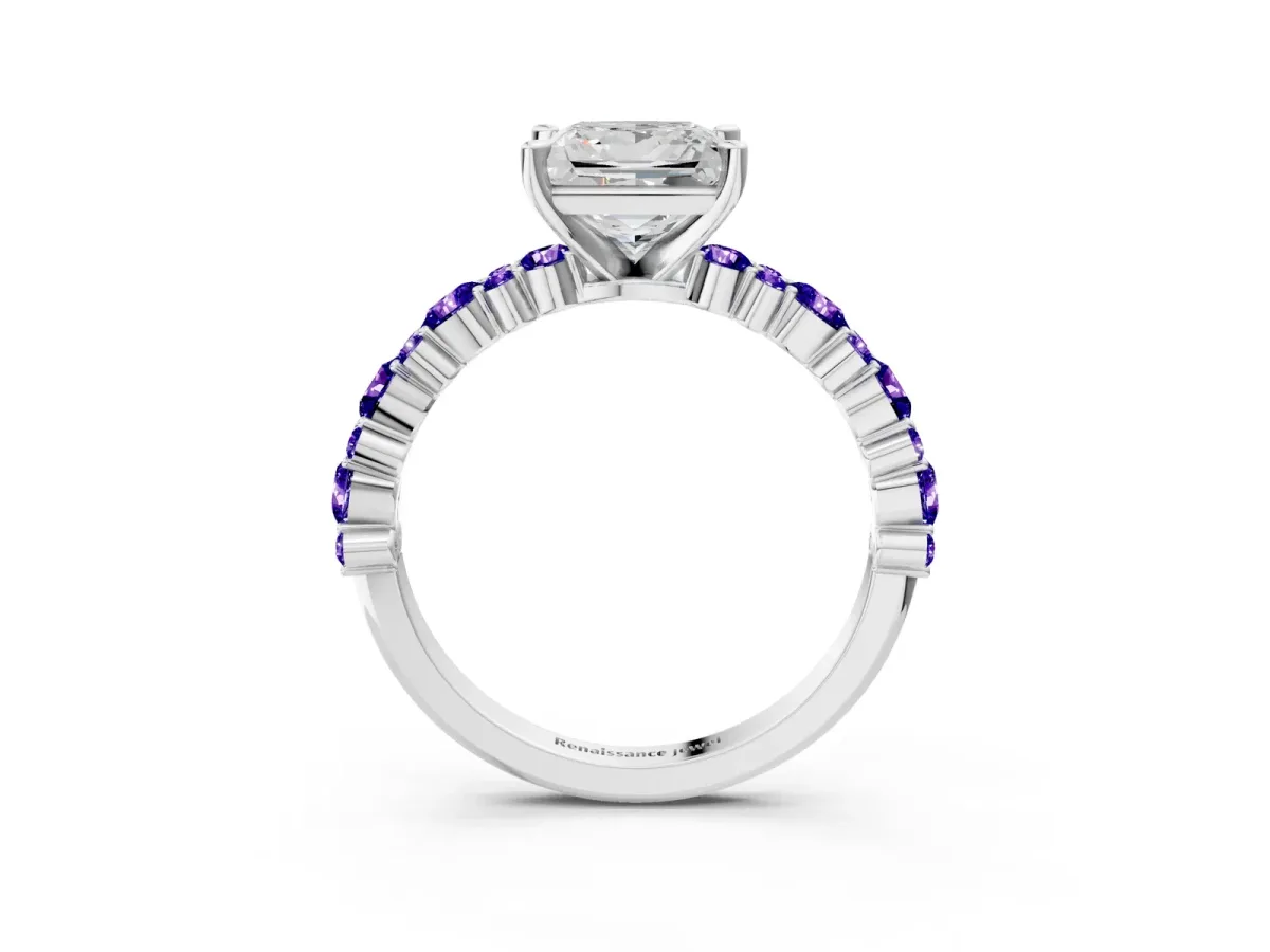 Princess Cut Diamond Side Stone Solitaire Ring with Round Tanzanite and Four-Prong Setting Silver