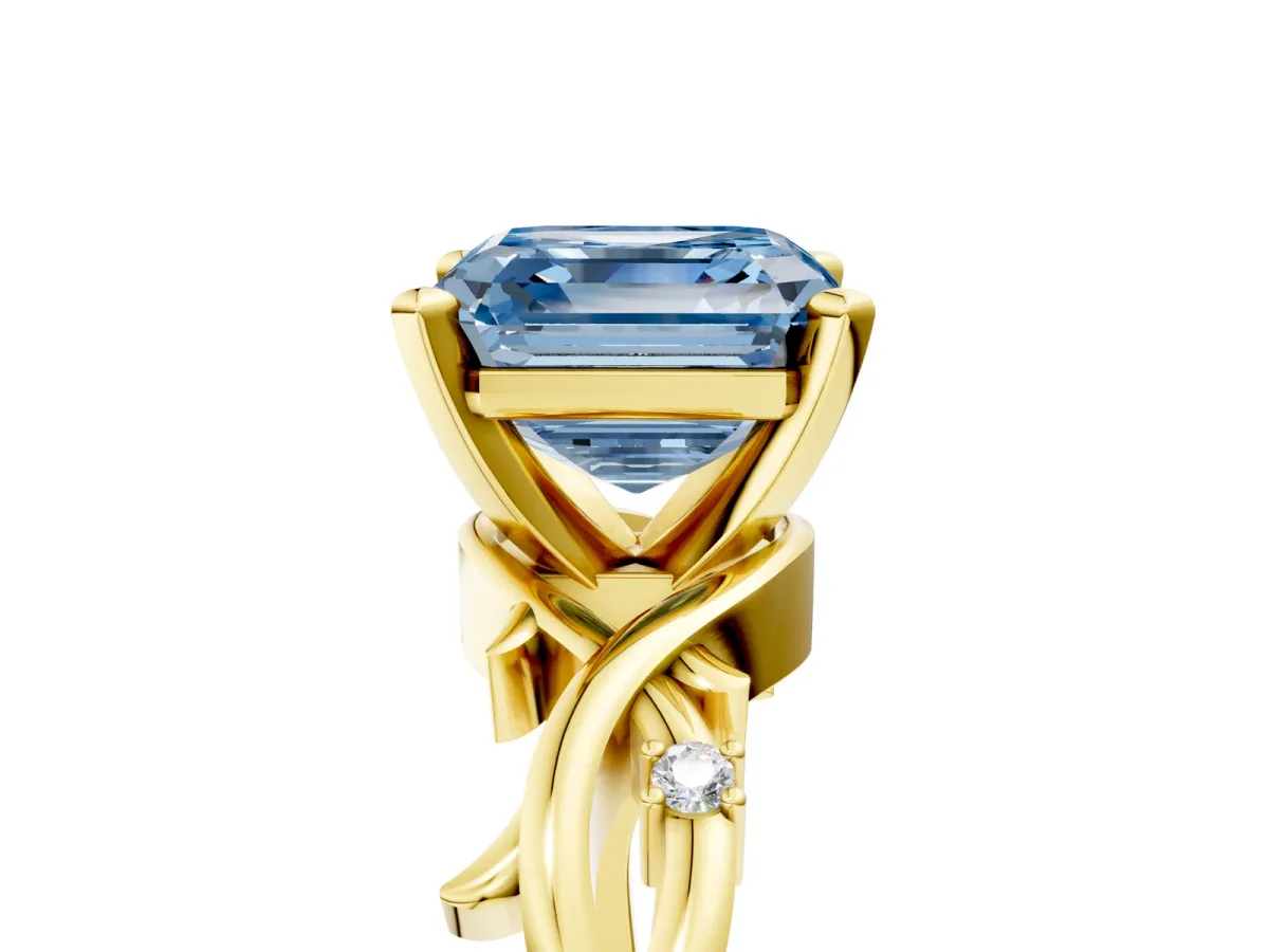 Fancy Blue Asscher Cut Diamond Solitaire Ring with Twisted Band and Prong Setting Yellow gold